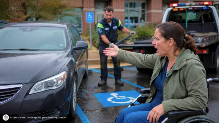 Stranger Blocked Her Reserved Accessible Parking Spot for a Full Day and Ignored Every Warning — Then She Had the Car Towed